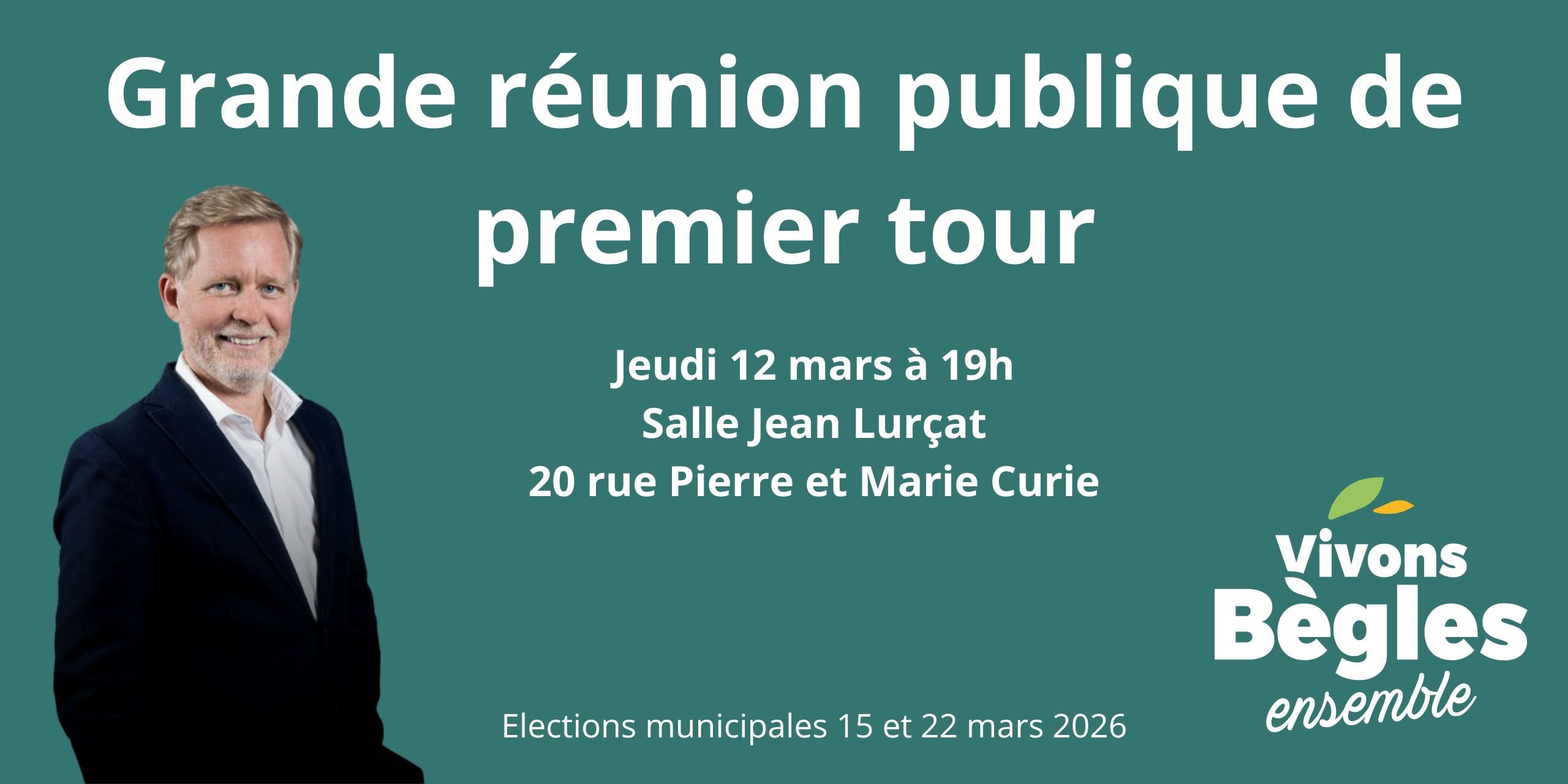Grande Réunion publique de premier tour en présence des candidats et soutiens, animation musicale et verre de l’amitié Le jeudi 12 mars à 19h, salle Jean Lurçat, 20 Rue Pierre et Marie Curie