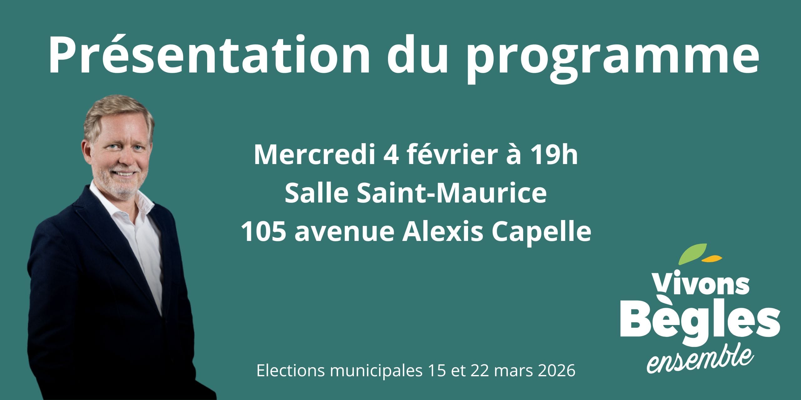 Réunion publique de présentation du programme Le mercredi 4 février à 19h, salle Saint-Maurice, 105 Av. Alexis Capelle